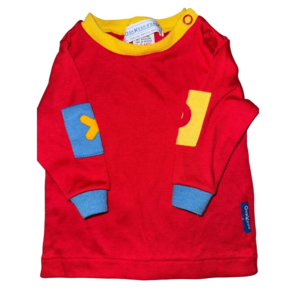 Vintage OshKosh Bgosh Baby Shirt Red Blue Yellow Color Block XO 6-9 Months USA